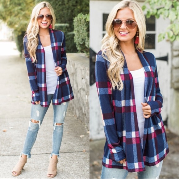 Sweaters - AMY BLUE PLAID ELBOW PATCH CARDIGAN LONG SLEEVE